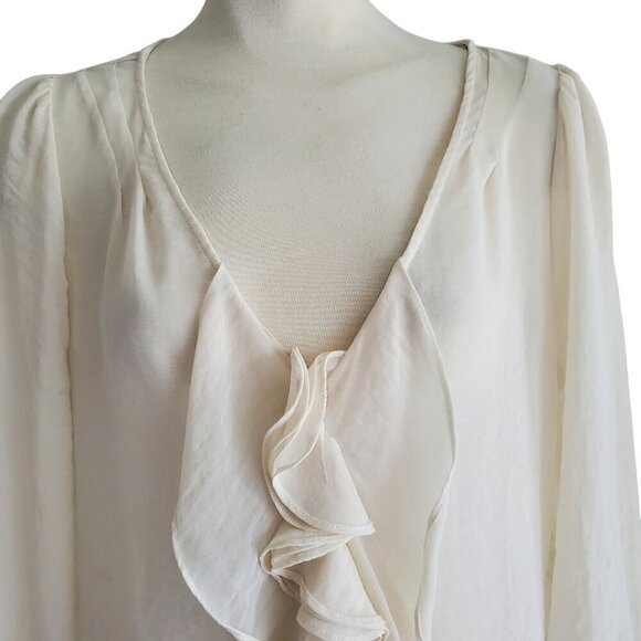 Zara Silk Organza Blouse Ruffle Front Sheer 3/4 Sleeve Cream Fairy Size L - Picture 4 of 16